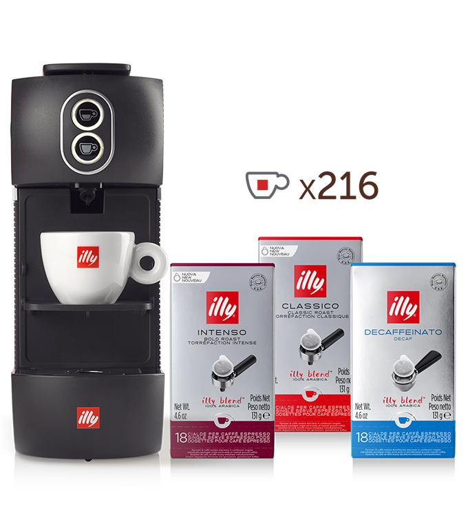 E.S.E. Kaffeepad-Maschine – schwarze illy Easy mit 4 Packungen einzeln verpackter CLASSICO Röstung E.S.E.-Kaffeepads, 4 Packungen INTENSO und 4 Packungen FORTE