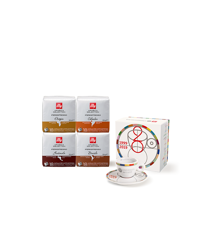 Kit degustazione caffè - 4 confezioni capsule Iperespresso Arabica Selection e tazzina 20° anniversario Università del Caffè image number 0