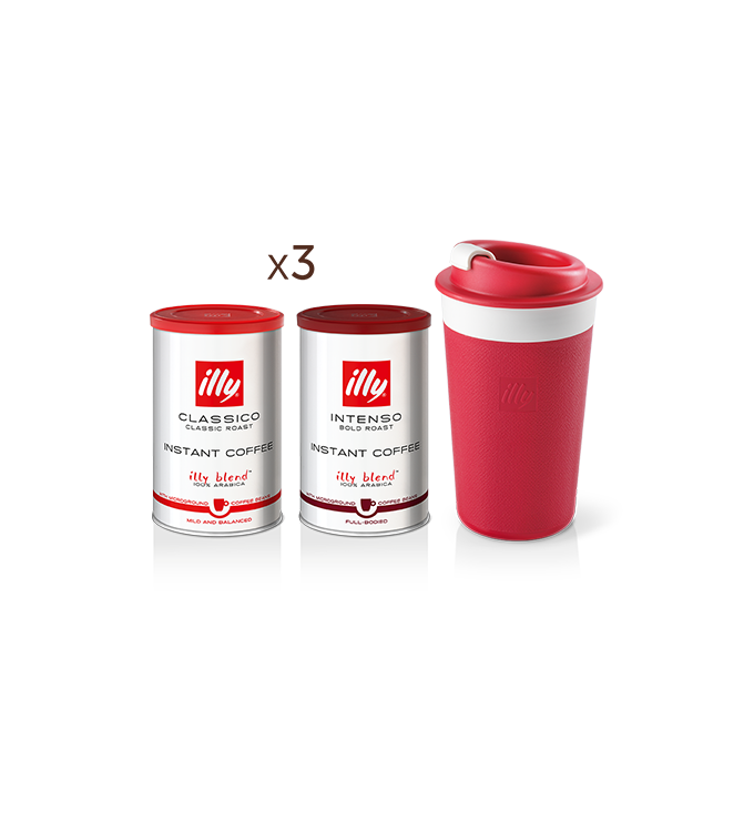 3 Packungen Löskaffee mit CLASSICO Geschmack, 3 Packungen Löskaffee mit INTENSO Geschmack + roter Zagnoli-Reisebecher  