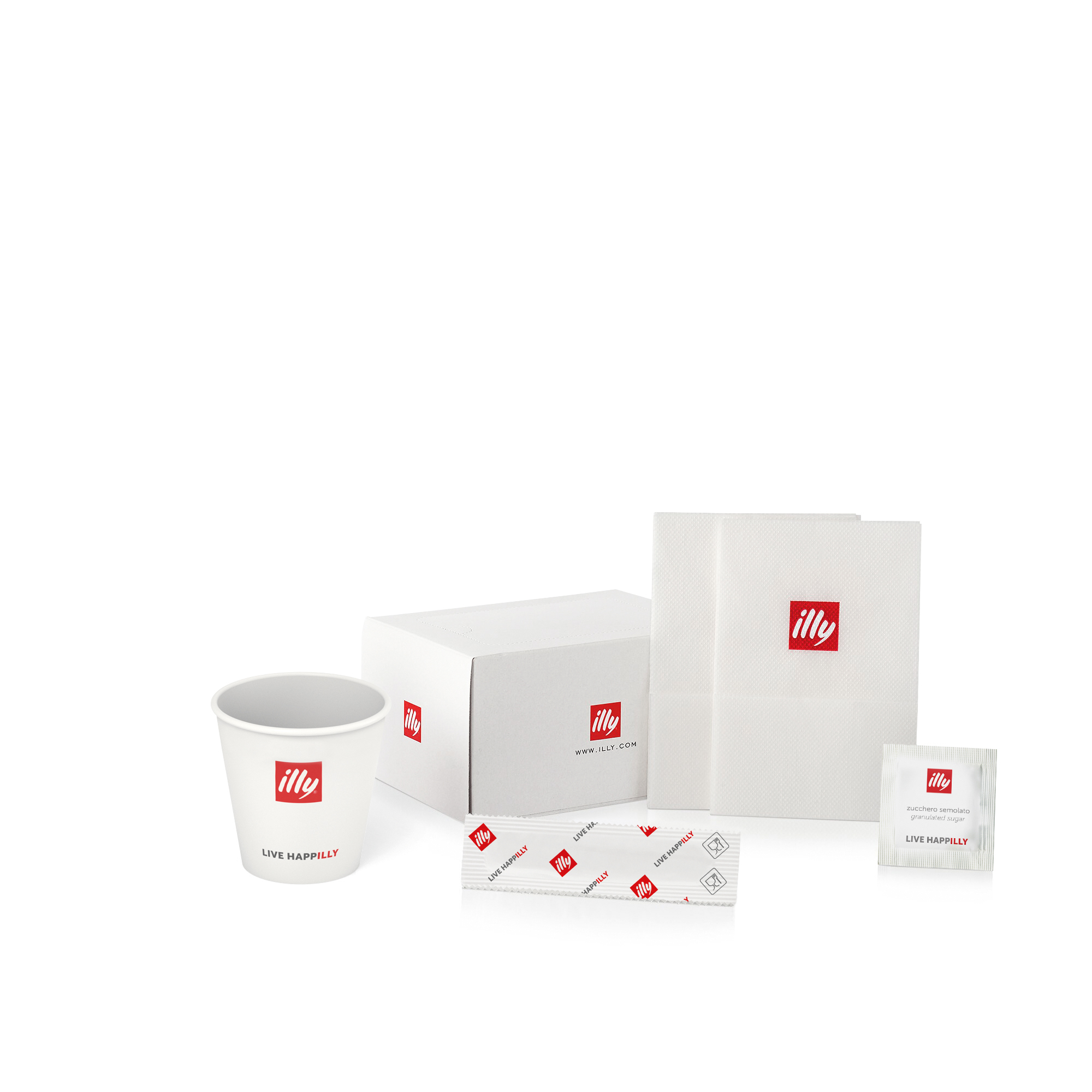 KIT ECOLOGICO da 100 BICCHIERI DI CARTA + 100 BUSTINE ZUCCHERO + 100  PALETTE IN LEGNO per caffe' - Illy