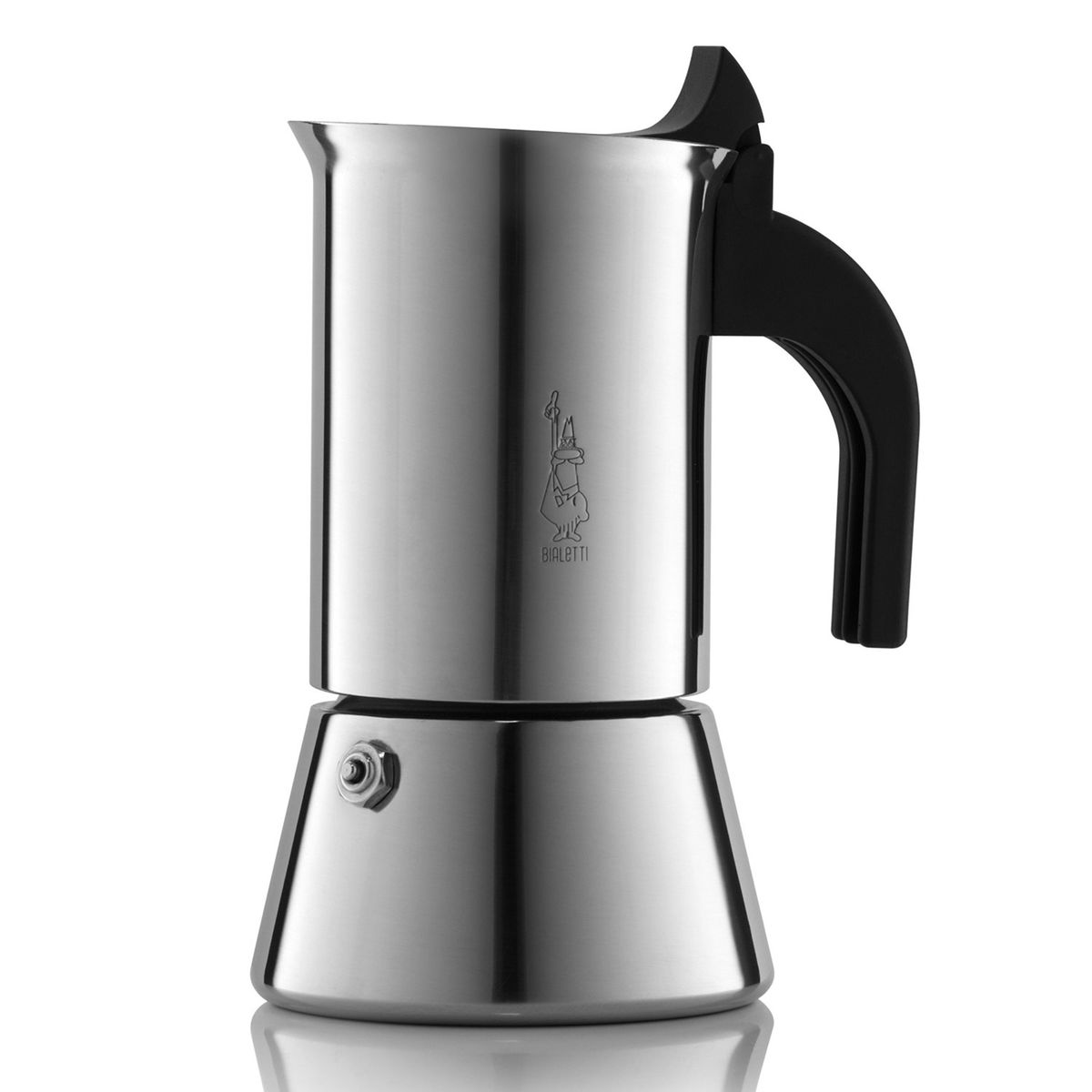 Designed by Guido Bergna, the 4 cup Venus moka pot combines beauty and elegance featuring a sleek, stainless steel design with isolating knob and handle. Can be used on gas and electric stoves and is dishwasher safe.