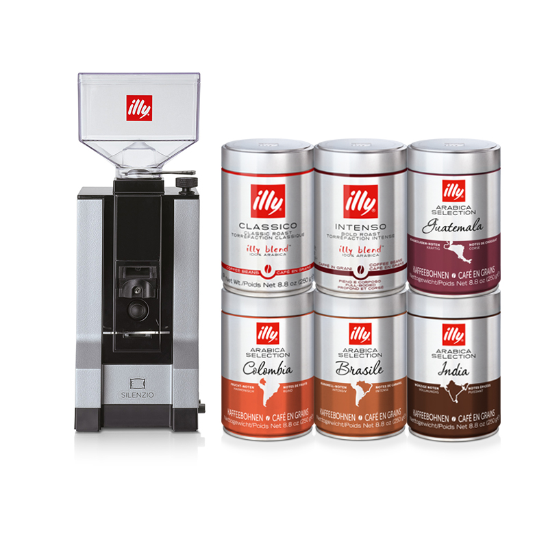 Koffiebonen set 6 blikken met bonenmaler illy