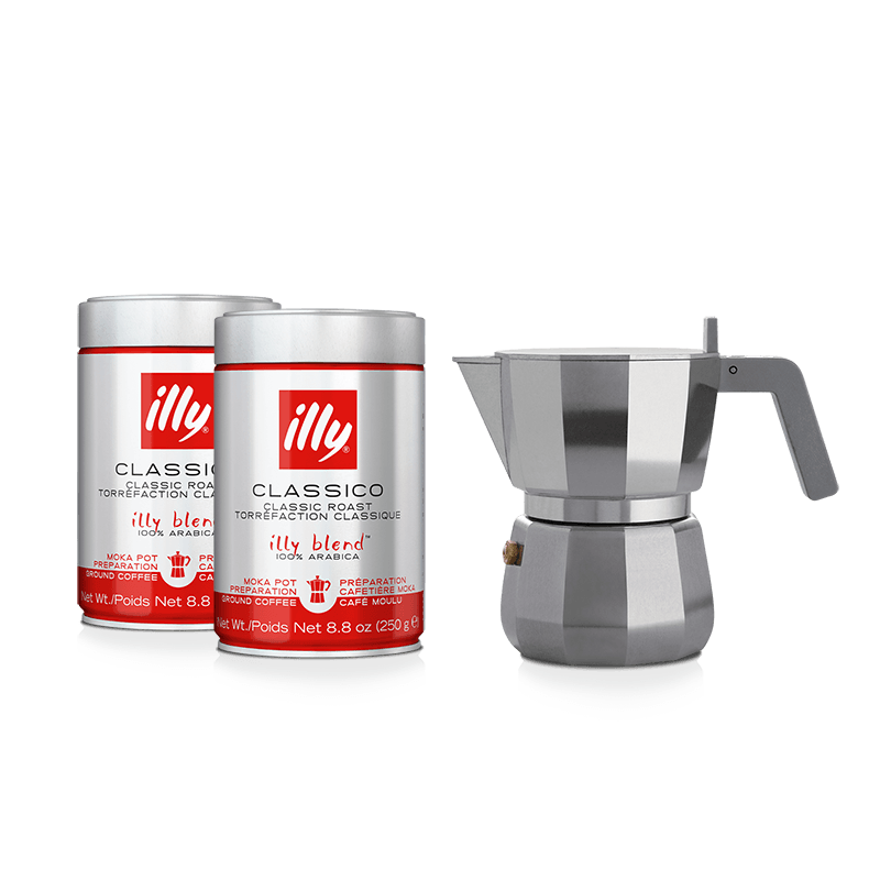 Worden Vuilnisbak Assert Alessi Moka koffiepot voor 3 kopjes + 2 blikjes Classico Moka gemalen  koffie 250g