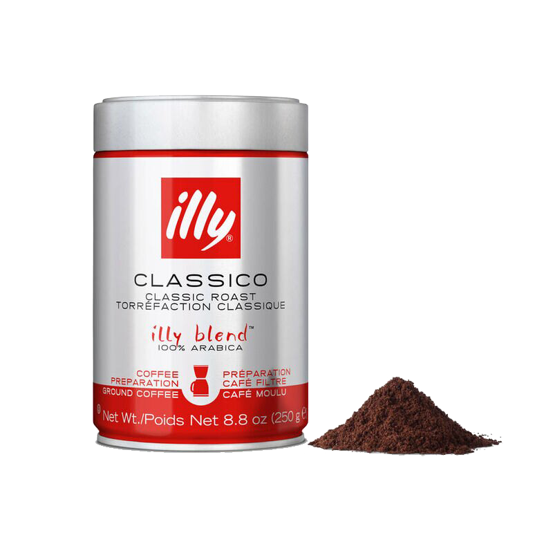 Ground Drip Classico Coffee - Medium Roast - 6 Pack Front View With Coffee Grounds